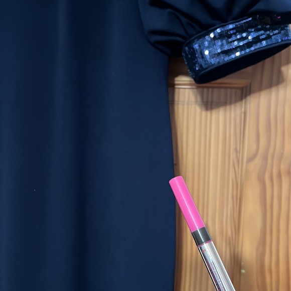 Calvin Klein Navy Sequined Puff-Sleeve Gown - Picture 10 of 14